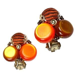 VTG Lucite Clip On Earrings Orange Japan Brown Cluster Funky Art